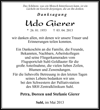 Traueranzeige von Udo Gierer von Südthüringer Presse
