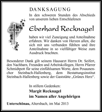 Traueranzeige von Eberhard Recknagel von Südthüringer Presse