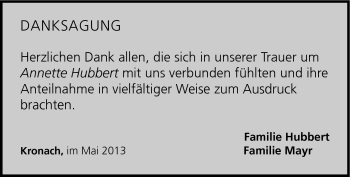 Traueranzeige von Annette Hubbert von Neue Presse Coburg