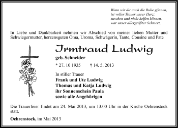 Traueranzeige von Imrtraud Ludwig von Südthüringer Presse