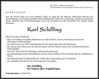 Traueranzeige von Karl Schilling von Südthüringer Presse
