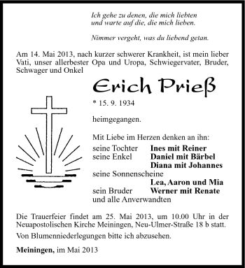 Traueranzeige von Erich Prieß von Südthüringer Presse