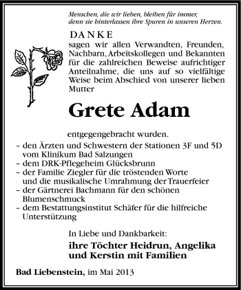 Traueranzeige von Grete Adam von Südthüringer Presse