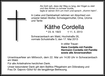 Traueranzeige von Käthe Cordella von Frankenpost