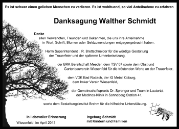 Traueranzeige von Walther Schmidt von Neue Presse Coburg