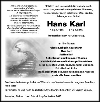 Traueranzeige von Hans Karl von Südthüringer Presse