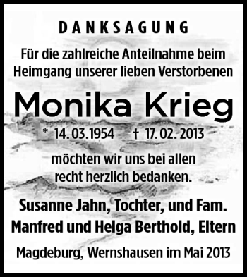 Traueranzeige von Monika Krieg von Südthüringer Presse