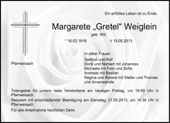 Traueranzeige von Margarete Weiglein von Neue Presse Coburg