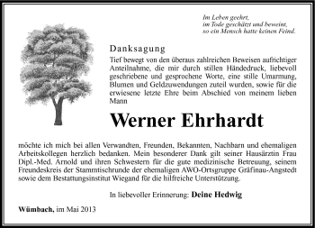 Traueranzeige von Werner Ehrhardt von Südthüringer Presse