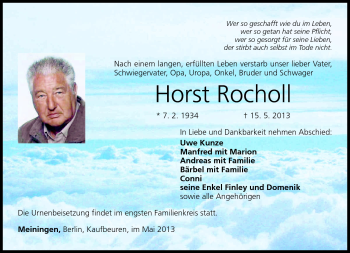 Traueranzeige von Horst Rocholl von Südthüringer Presse