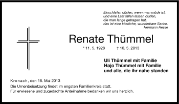 Traueranzeige von Renate Thümmel von Neue Presse Coburg
