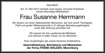 Traueranzeige von Susanne Herrmann von Frankenpost