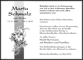 Traueranzeige von Marta Schmalz von Südthüringer Presse