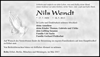 Traueranzeige von Nils Wendt von Südthüringer Presse
