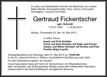 Traueranzeige von Gertraud Fickentscher von Frankenpost
