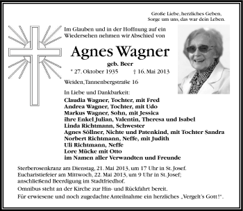 Traueranzeige von Agnes Wagner von Frankenpost