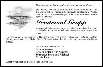 Traueranzeige von Irmtraud Gropp von Südthüringer Presse