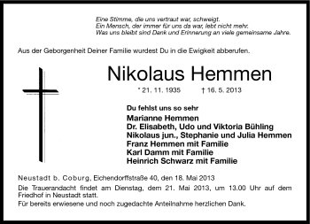 Traueranzeige von Nikolaus Hemmen von Neue Presse Coburg