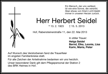 Traueranzeige von Herbert Seidel von Frankenpost