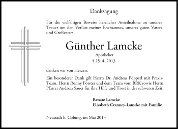 Traueranzeige von Günther Lamcke von Neue Presse Coburg