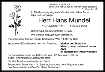 Traueranzeige von Hans Mundel von Frankenpost