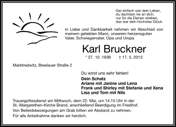 Traueranzeige von Karl Bruckner von Frankenpost