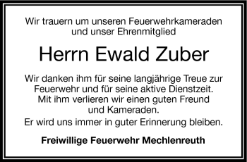 Traueranzeige von Ewald Zuber von Frankenpost