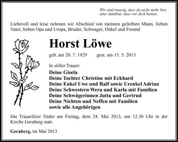 Traueranzeige von Horst Löwe von Südthüringer Presse