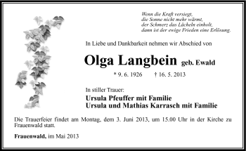 Traueranzeige von Olga Langbein von Südthüringer Presse