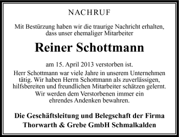 Traueranzeige von Reiner Schottmann von Südthüringer Presse
