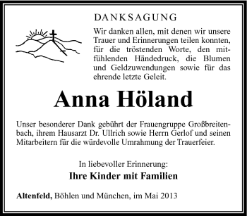 Traueranzeige von Anna Höland von Südthüringer Presse