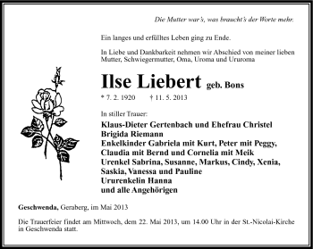 Traueranzeige von Ilse Liebert von Südthüringer Presse