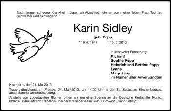 Traueranzeige von Karin Sidley von Neue Presse Coburg