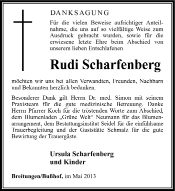 Traueranzeige von Rudi Scharfenberg von Südthüringer Presse