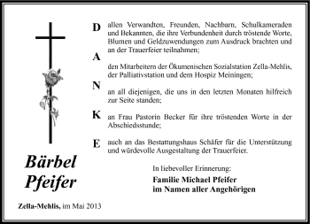 Traueranzeige von Bärbel Pfeifer von Südthüringer Presse