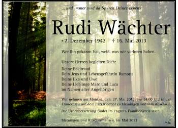 Traueranzeige von Rudolf Wächter von Südthüringer Presse