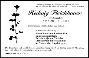 Traueranzeige von Hedwig Fleischhauer von Südthüringer Presse