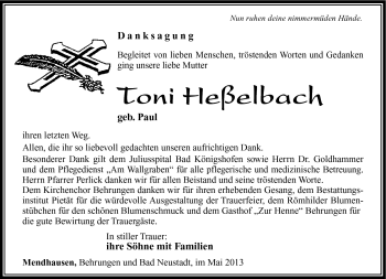 Traueranzeige von ^Toni Heßelbach von Südthüringer Presse