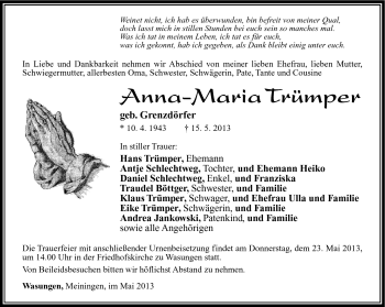 Traueranzeige von Anna-Maria Trümper von Südthüringer Presse