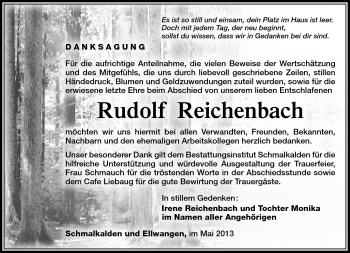 Traueranzeige von Rudolf Reichenbach von Südthüringer Presse