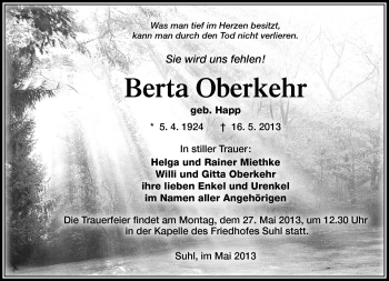 Traueranzeige von Berta Oberkehr von Südthüringer Presse