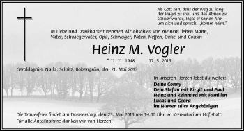 Traueranzeige von Heinz M. Vogler von Frankenpost