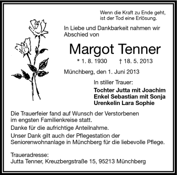 Traueranzeige von Margot Tenner von Frankenpost
