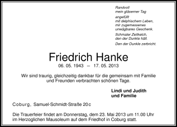Traueranzeige von Friedrich Hanke von Neue Presse Coburg