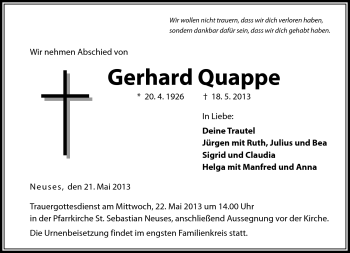 Traueranzeige von Gerhard Quappe von Neue Presse Coburg