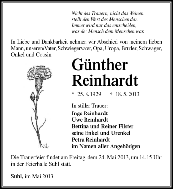 Traueranzeige von Günther Reinhardt von Südthüringer Presse
