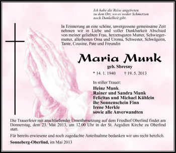 Traueranzeige von Marina Munk von Südthüringer Presse