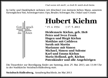 Traueranzeige von Hubert Kiehm von Südthüringer Presse