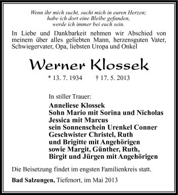 Traueranzeige von Werner Klossek von Südthüringer Presse