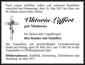 Traueranzeige von Viktoria Läffert von Südthüringer Presse